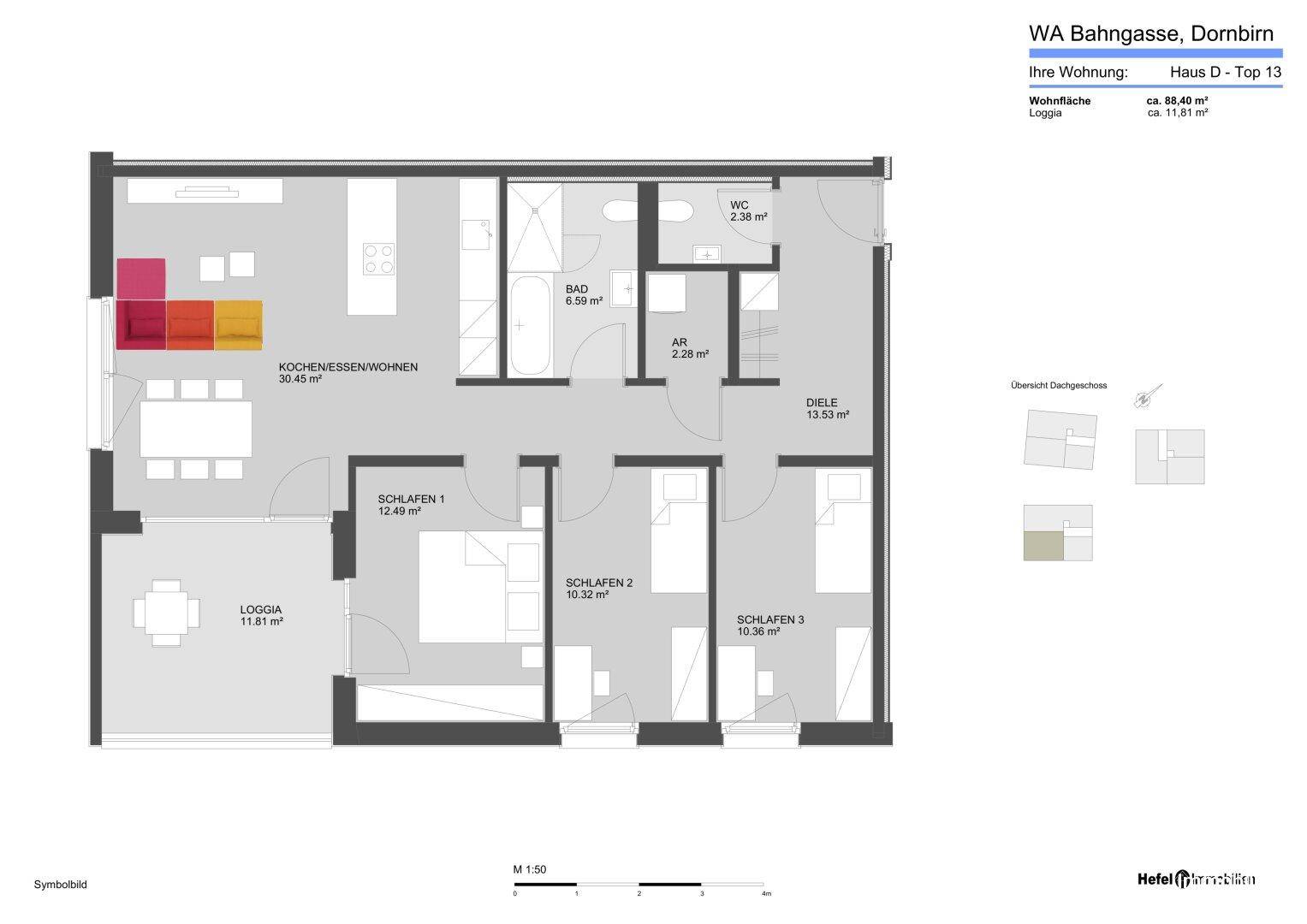 Detaillierter Grundriss einer Wohnung mit drei Schlafzimmern, offener Küche und Loggia.