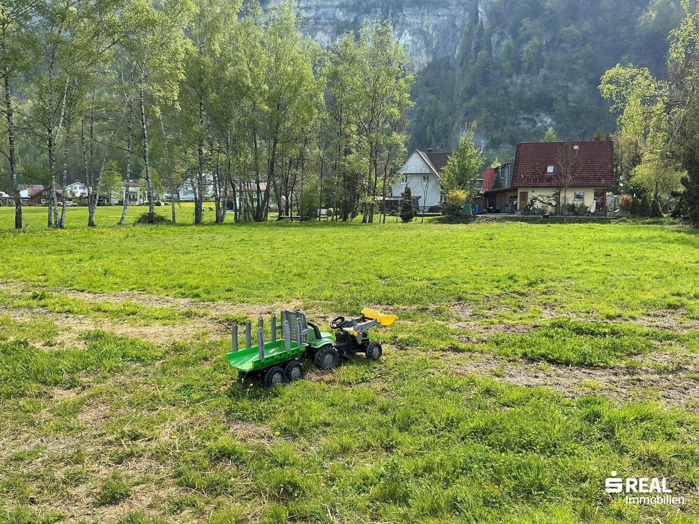 Grüne Wiese mit Spielzeugtraktor, im Hintergrund Häuser und eine felsige Berglandschaft.