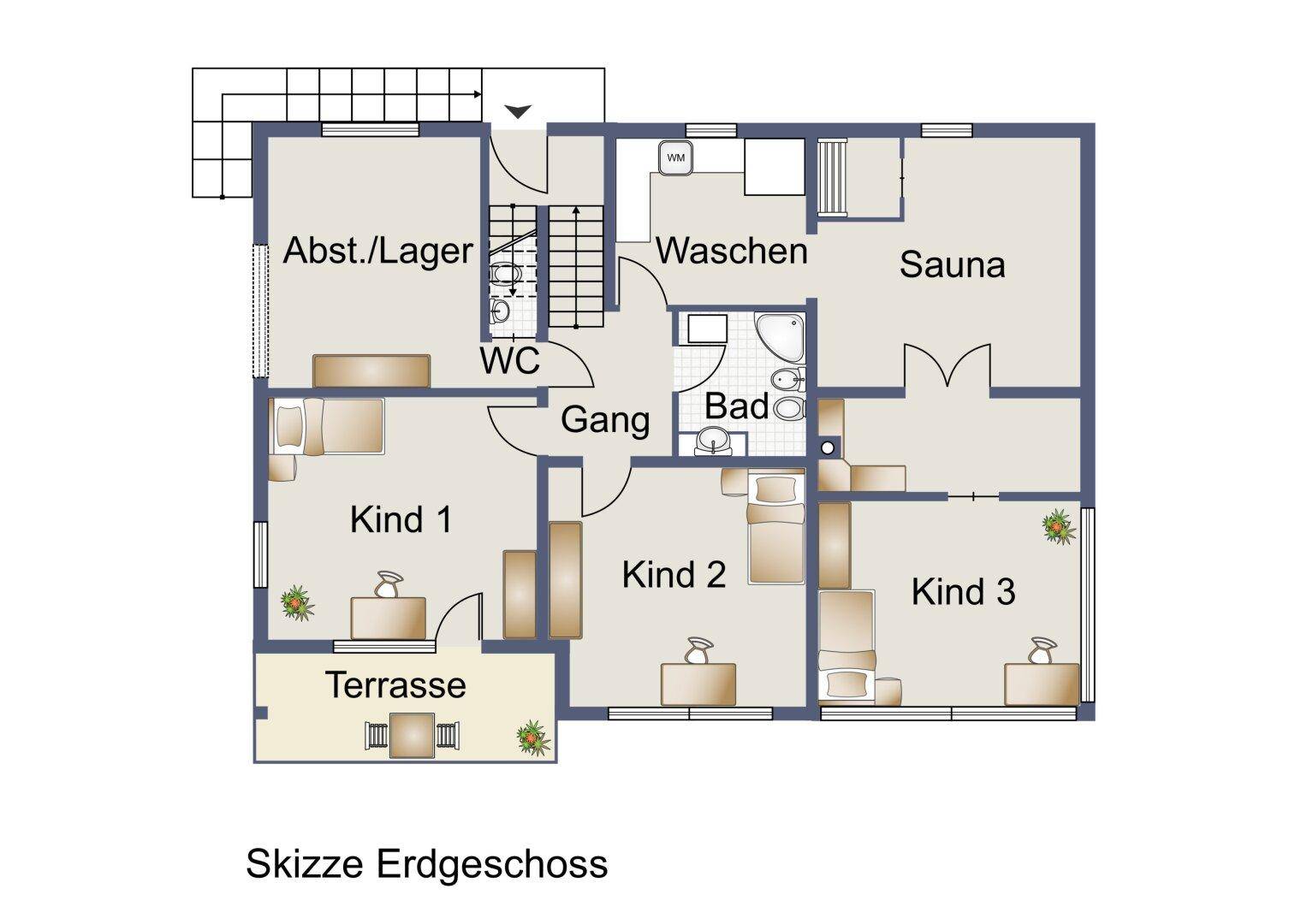 Grundriss des Erdgeschosses mit drei Kinderzimmern, Bad, WC, Sauna und Terrasse.