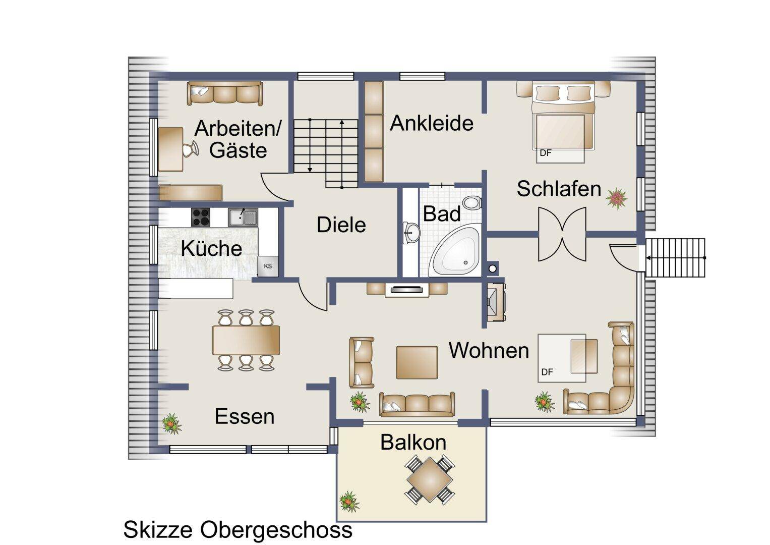 Grundriss des Obergeschosses mit Küche, Essbereich, Wohnzimmer, Schlafzimmer und Balkon.