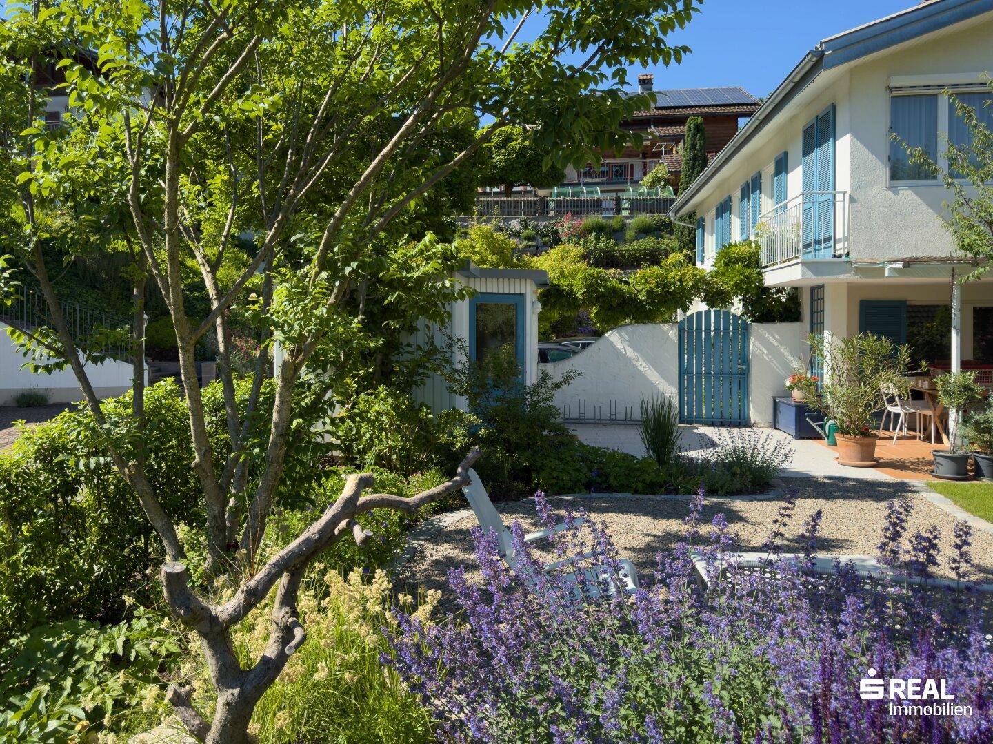 Gepflegter Gartenbereich mit blühenden Lavendelpflanzen, einem kleinen Gartenhaus und der Hausfassade.