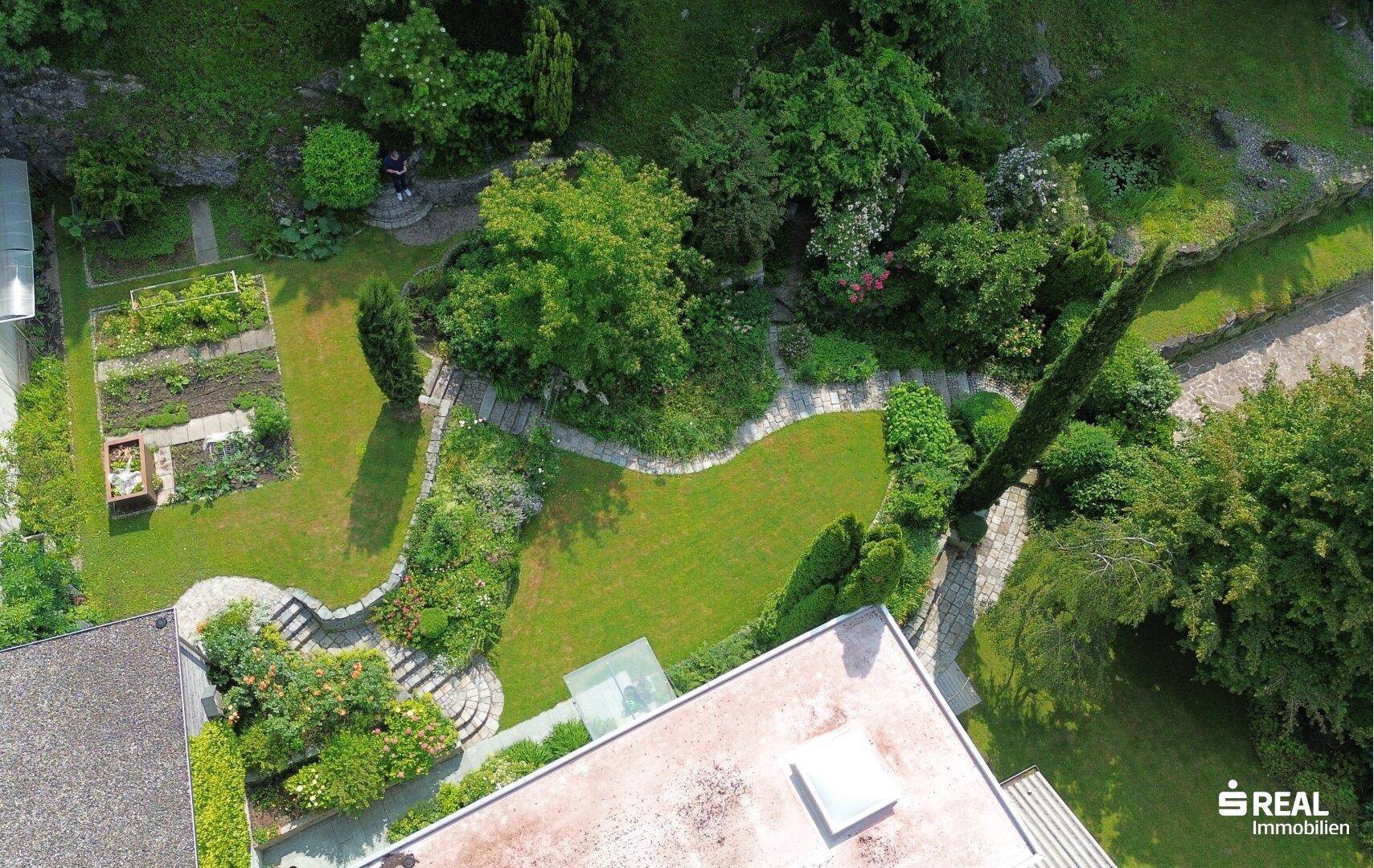 Vogelperspektive auf den gepflegten Garten mit Wegen, Rasenflächen und einem Gemüsegarten.