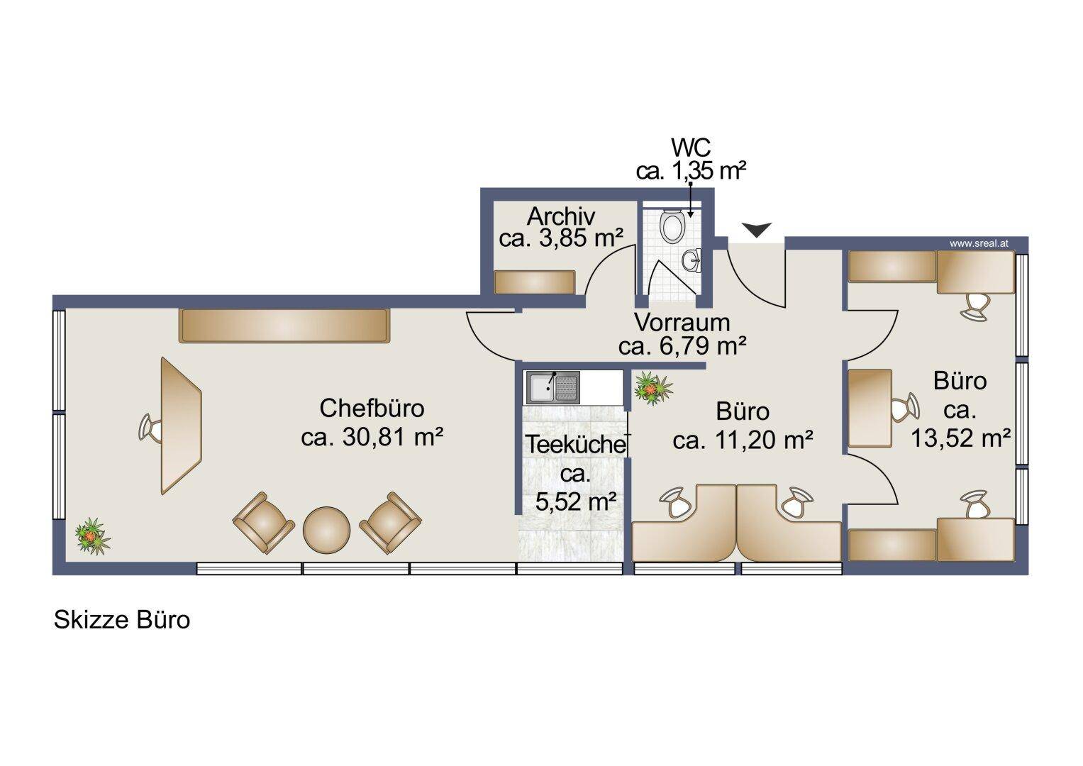 Detaillierter Grundriss eines Büros mit mehreren Räumen, Teeküche und WC.
