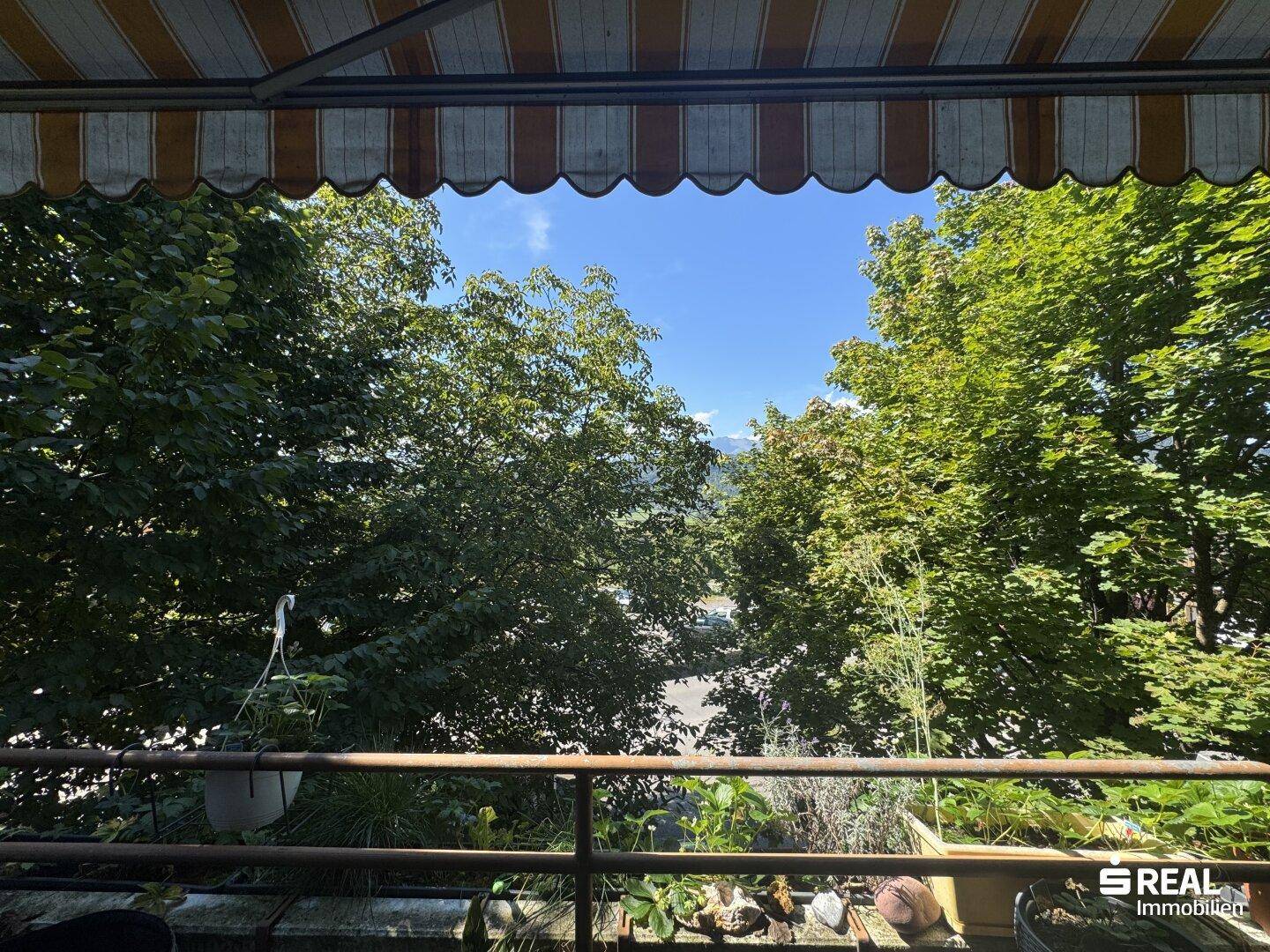 Weitblick vom Balkon über grüne Bäume und eine hügelige Landschaft unter blauem Himmel.