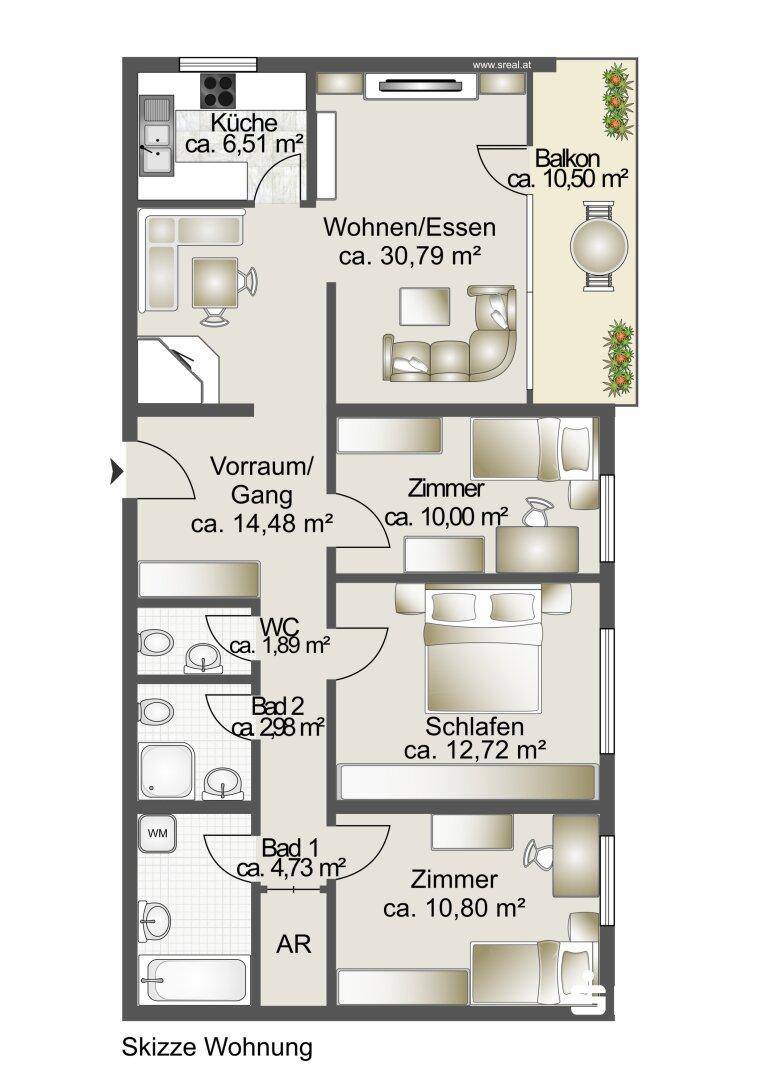 Detaillierter Grundriss der Wohnung mit Raumaufteilung und Flächenangaben in Quadratmetern.
