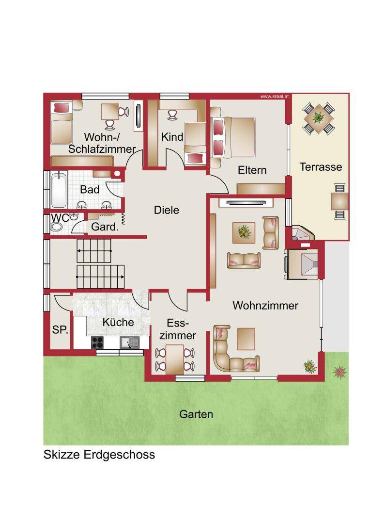 Grundriss des Erdgeschosses mit Wohnzimmer, Küche, Esszimmer, Schlafzimmern und Terrasse.