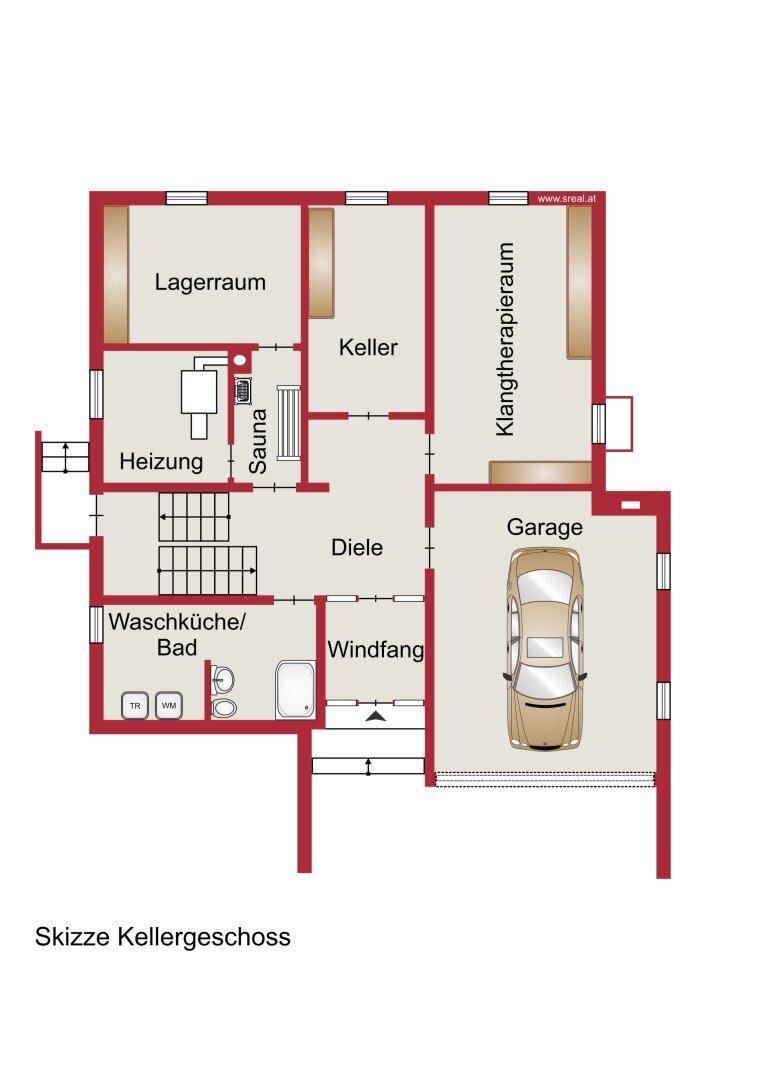 Grundriss des Kellergeschosses mit Lagerraum, Heizung, Sauna und Garage.