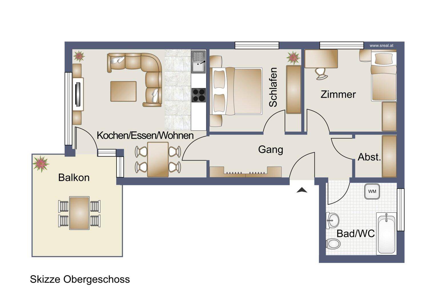 Grundriss einer Wohnung im Obergeschoss mit offenem Wohnbereich, Schlafzimmer, weiterem Zimmer und Balkon.