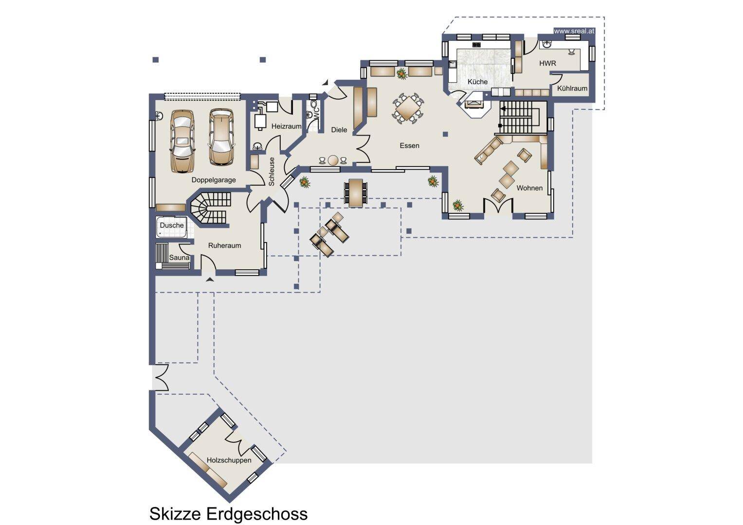 Grundriss des Erdgeschosses mit Doppelgarage, Wohnbereich, Küche und Sauna.