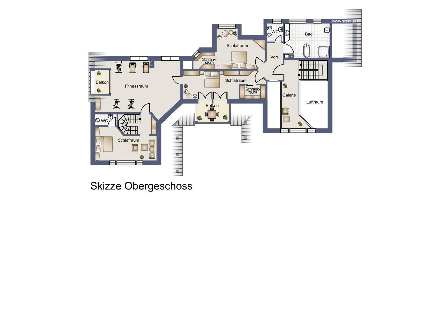 Grundriss des Obergeschosses mit mehreren Schlafzimmern, Fitnessraum und Balkonen.