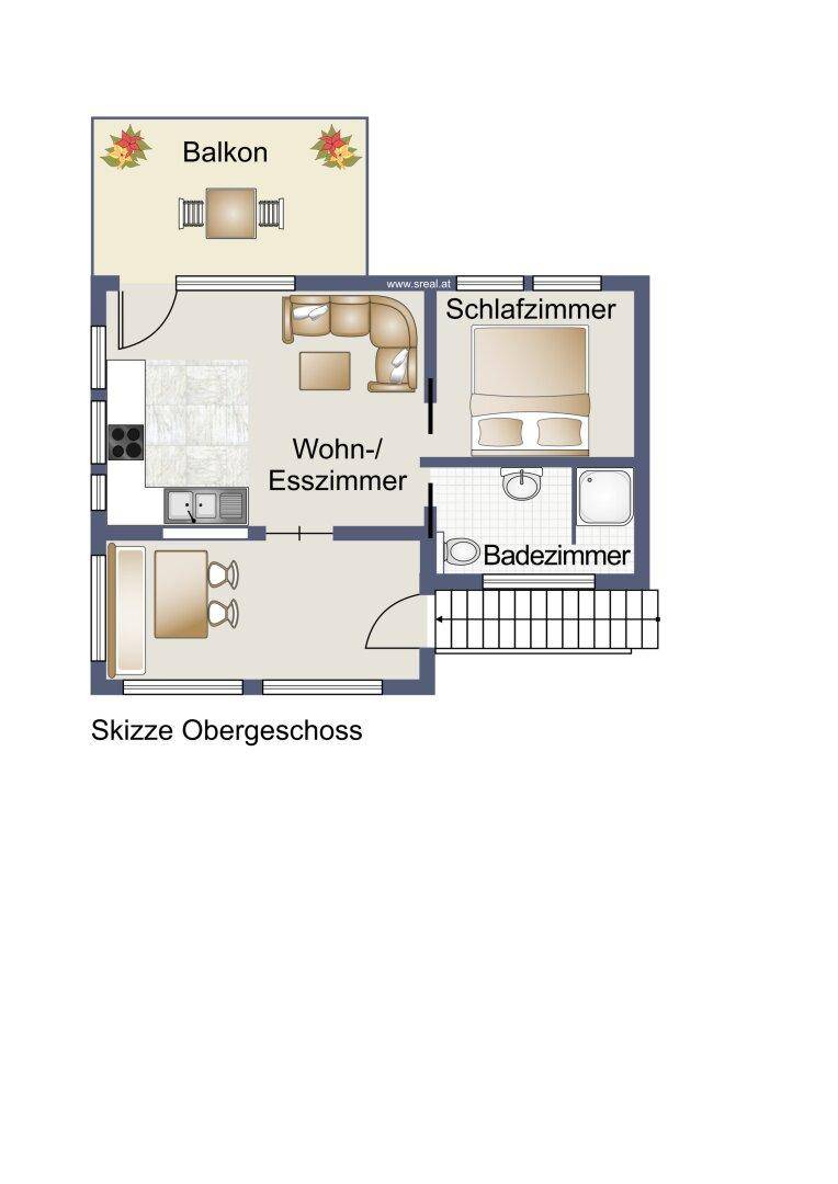 Grundriss des Obergeschosses mit Wohn-/Esszimmer, Schlafzimmer, Badezimmer und Balkon.