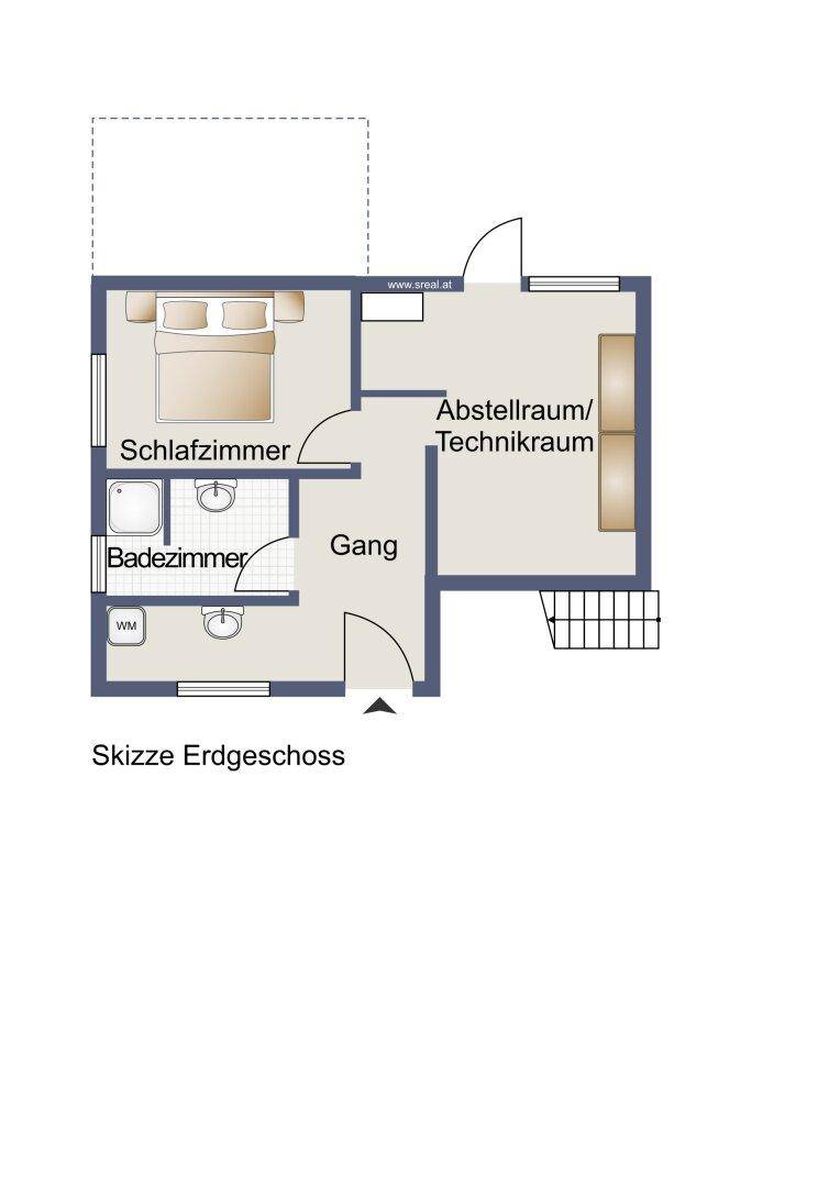 Grundriss des Erdgeschosses mit Schlafzimmer, Badezimmer und Abstellraum.