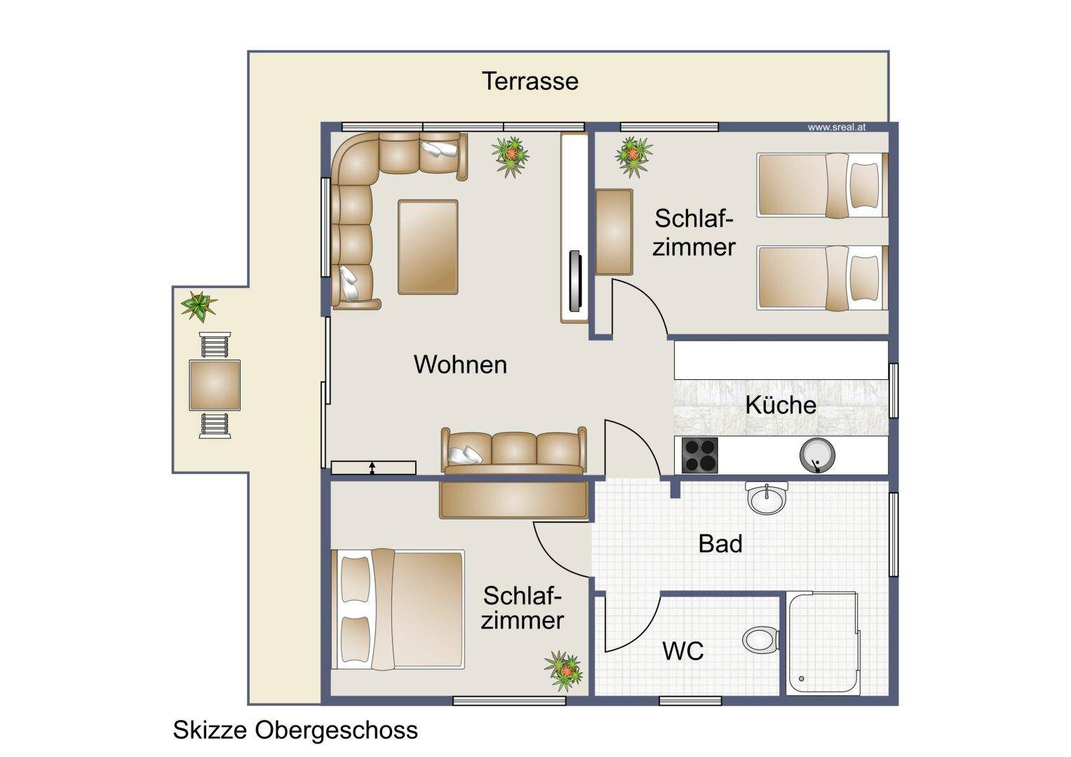 Grundriss des Obergeschosses mit Wohnzimmer, Küche, zwei Schlafzimmern, Bad, separatem WC und großer Terrasse.