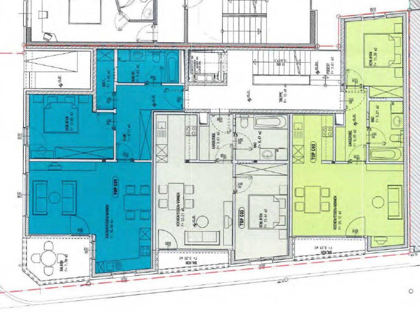 Grundrissplan mit mehreren Wohneinheiten, Balkonen und unterschiedlichen Raumaufteilungen.