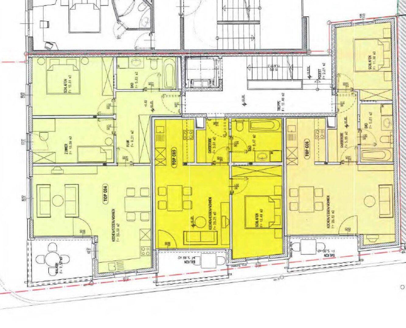 Grundrissplan mit verschiedenen Wohneinheiten, Balkonen und detaillierten Raumfunktionen dargestellt.