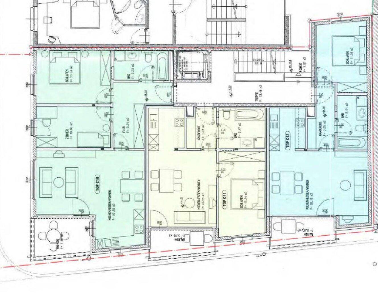 Übersichtlicher Grundrissplan mit drei farblich hervorgehobenen Wohnungen und Balkonzugang.