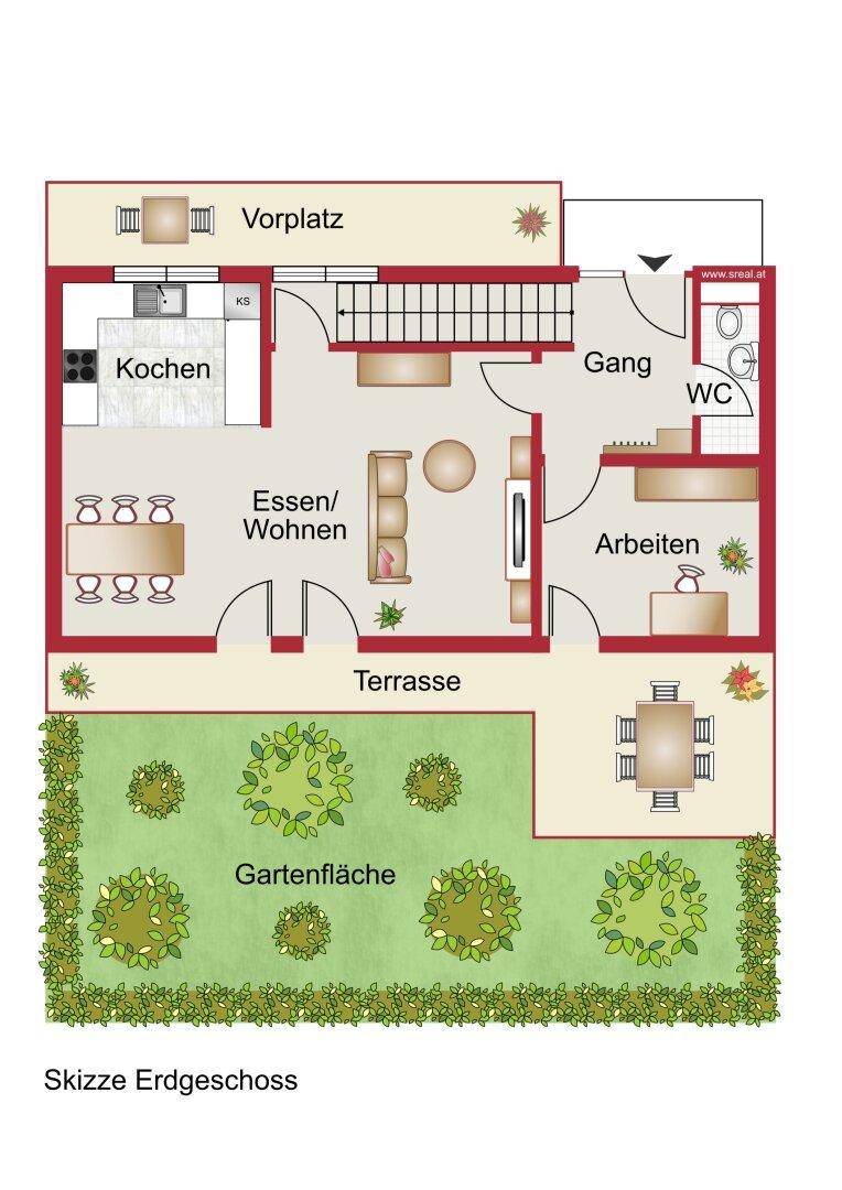 Grundriss des Erdgeschosses mit offener Küche, Wohn-Essbereich, Terrasse und Garten.