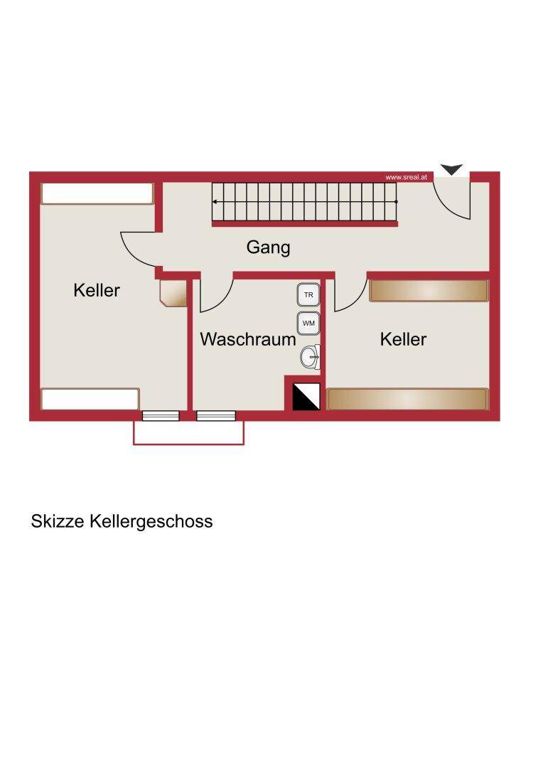 Grundriss des Kellergeschosses mit Waschraum und zwei Kellerräumen.