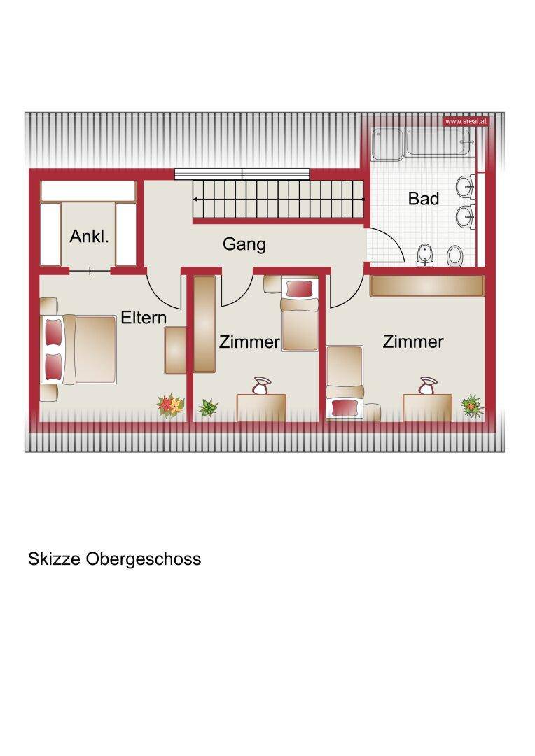 Grundriss des Obergeschosses mit Schlafzimmern, Ankleide und Badezimmer.