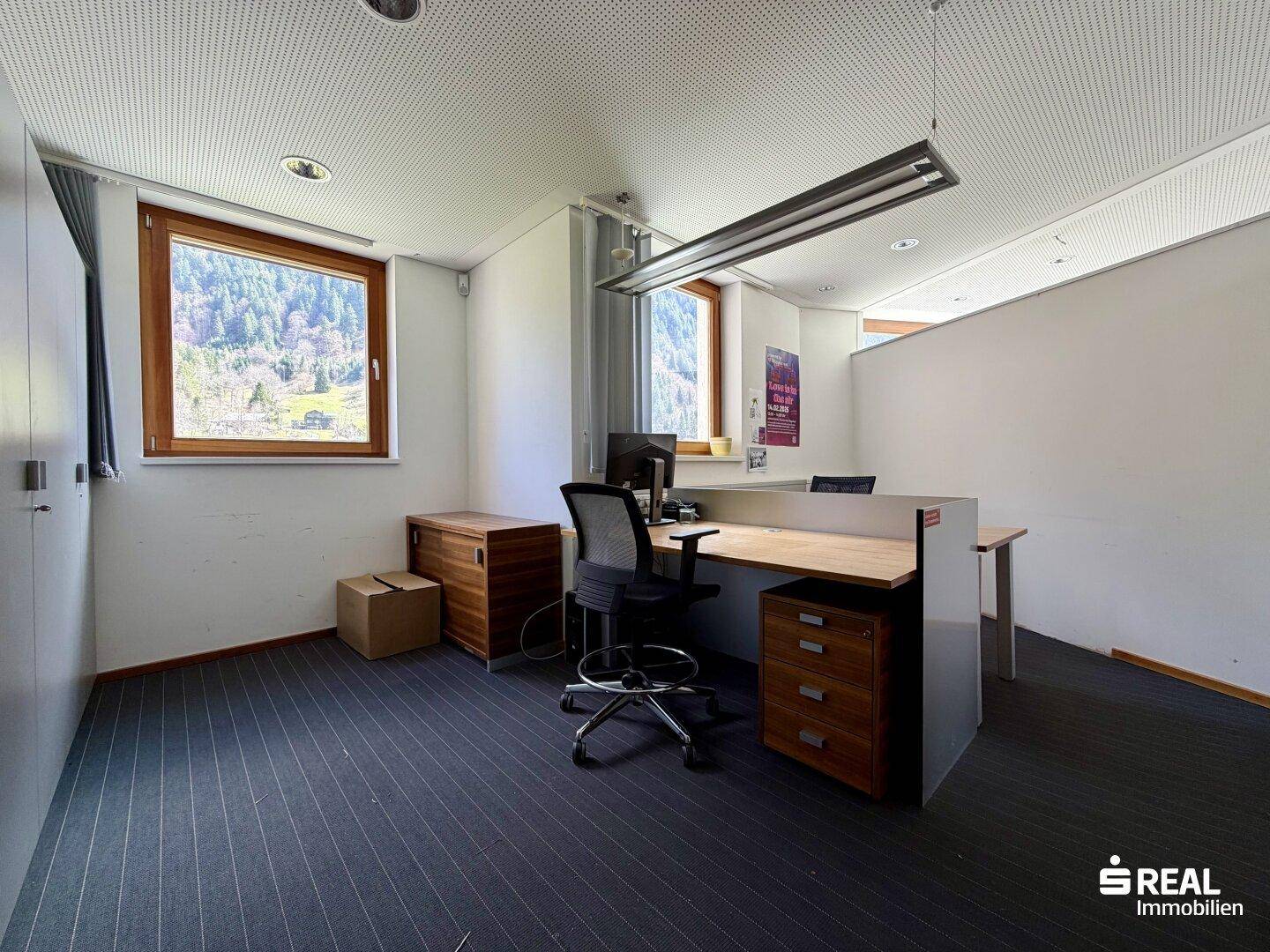 Funktionales Büro mit Teppichboden, zwei Arbeitsplätzen und Fenstern, die einen Bergblick bieten.