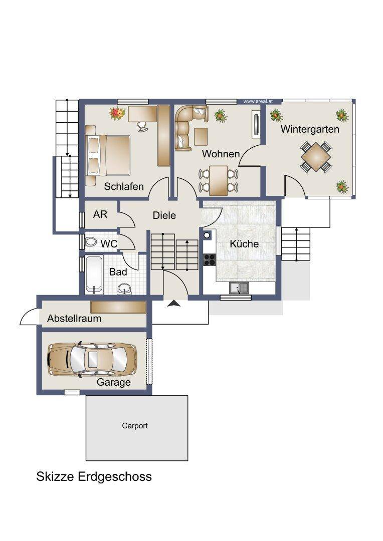 Grundriss des Erdgeschosses mit Küche, Wohnzimmer, Schlafzimmer und Wintergarten.