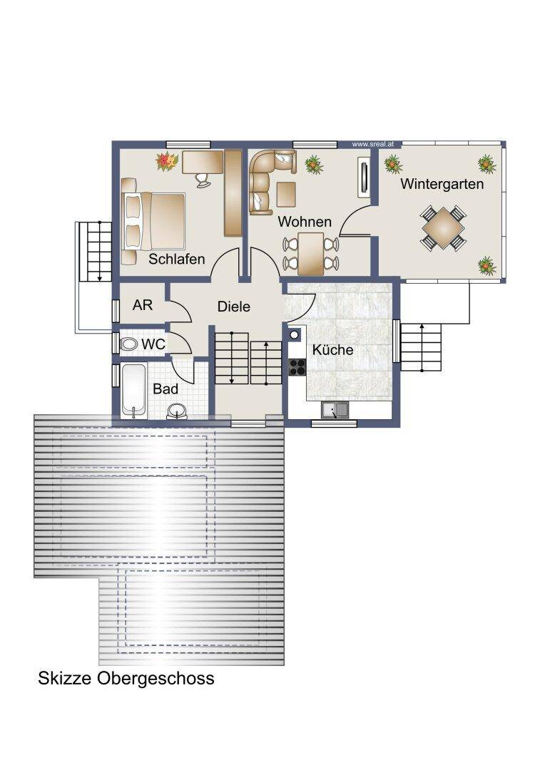Grundriss des Obergeschosses mit Schlafzimmer, Wohnbereich und Wintergarten.