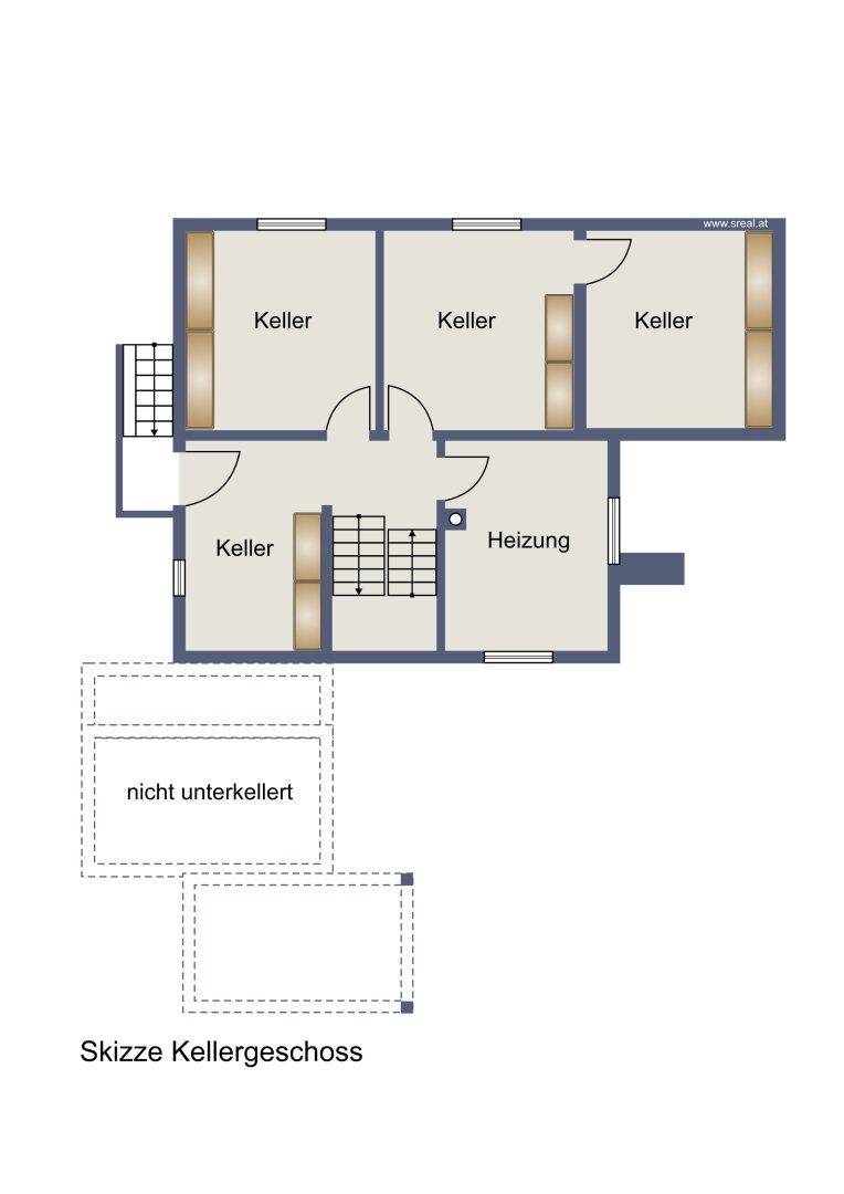 Grundriss des Kellergeschosses mit mehreren Kellerräumen und Heizungsbereich.