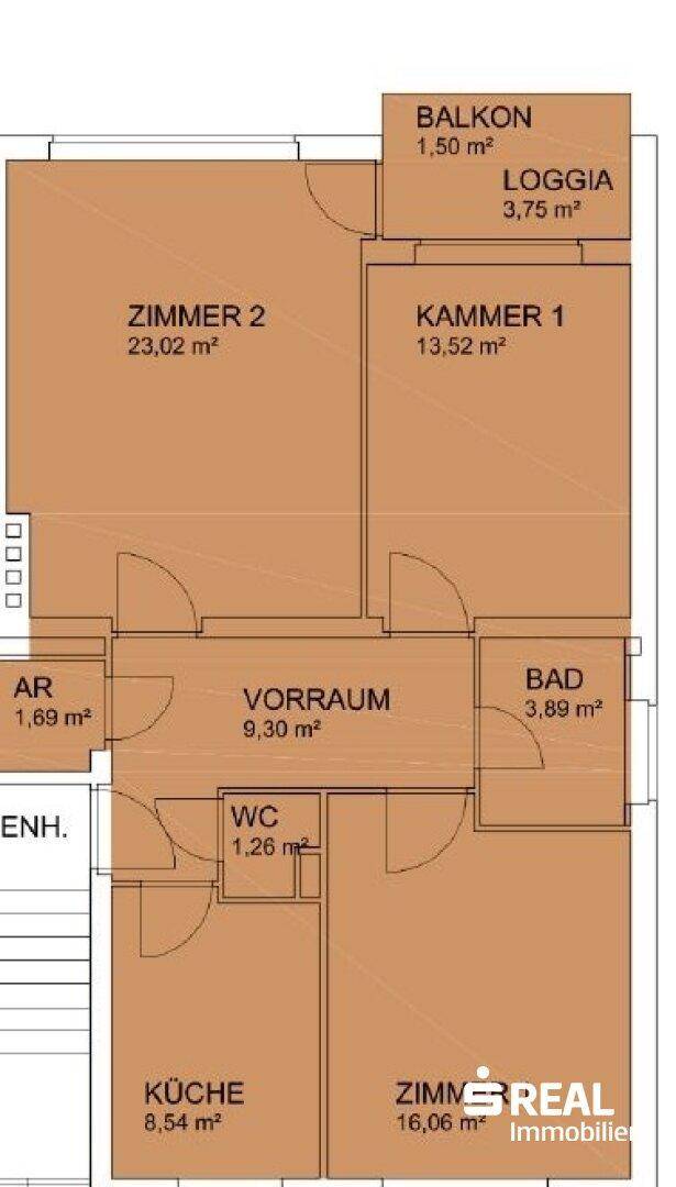 Detaillierter Grundriss mit Raumaufteilung, inklusive Balkon und Loggia.