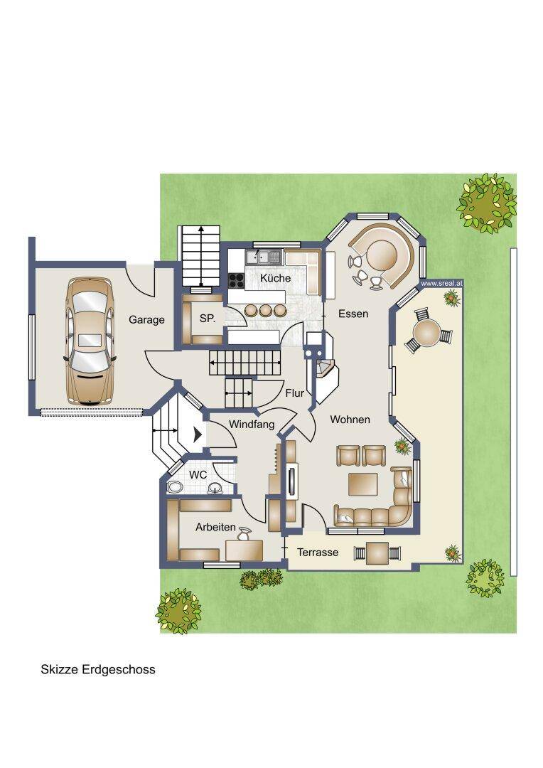 Grundriss des Erdgeschosses mit Garage, offener Küche, Essbereich, Wohnzimmer und Terrasse.