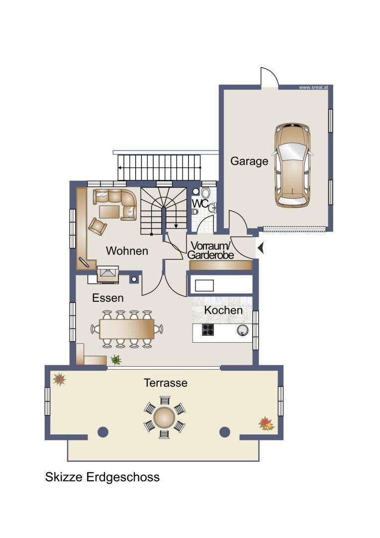 Grundriss des Erdgeschosses mit Wohn-, Ess- und Kochbereich, Gäste-WC und Garage.