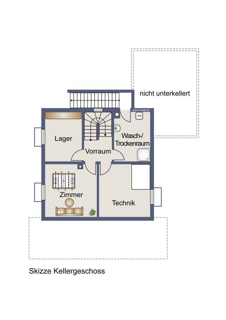 Grundriss des Kellergeschosses mit Lagerraum, Vorraum, Zimmer und Wasch-/Trockenraum.