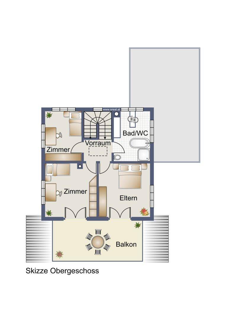 Grundriss des Obergeschosses mit drei Zimmern, Bad/WC und Balkon.