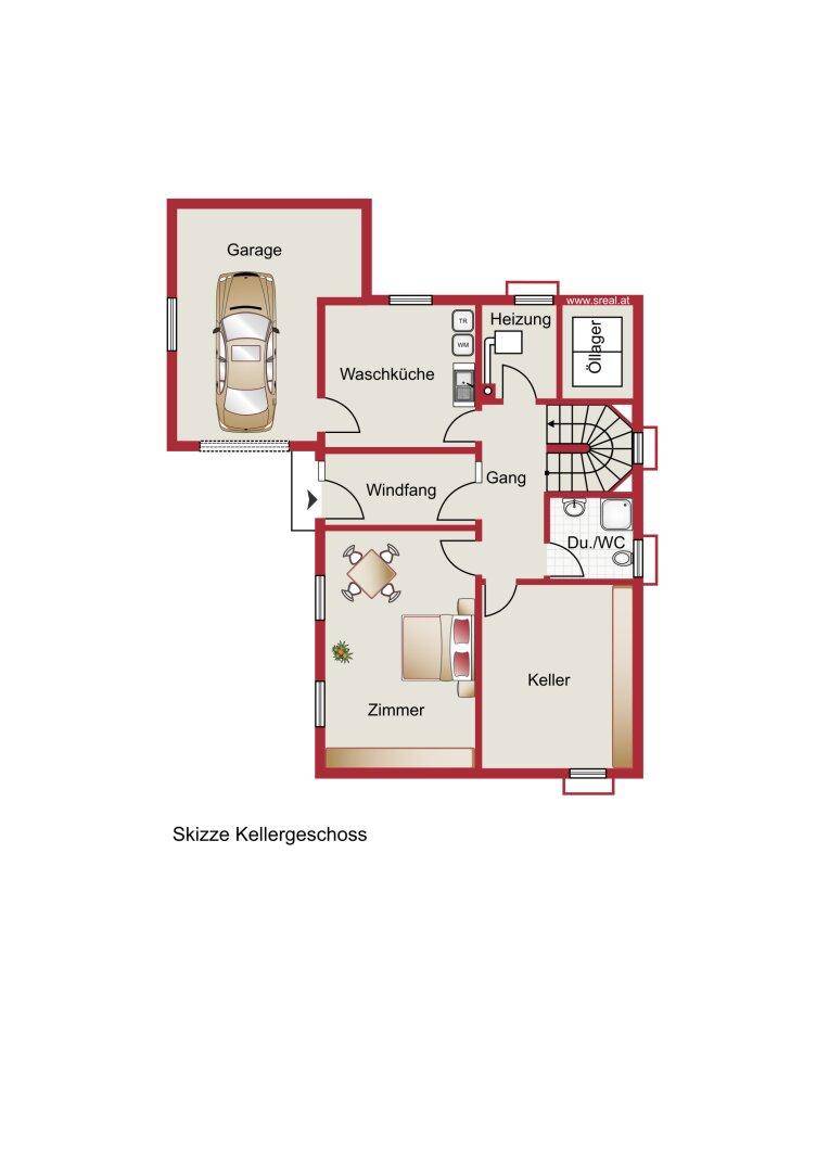 Grundriss des Kellergeschosses mit Garage, Waschküche, Heizraum und zusätzlichem Zimmer.