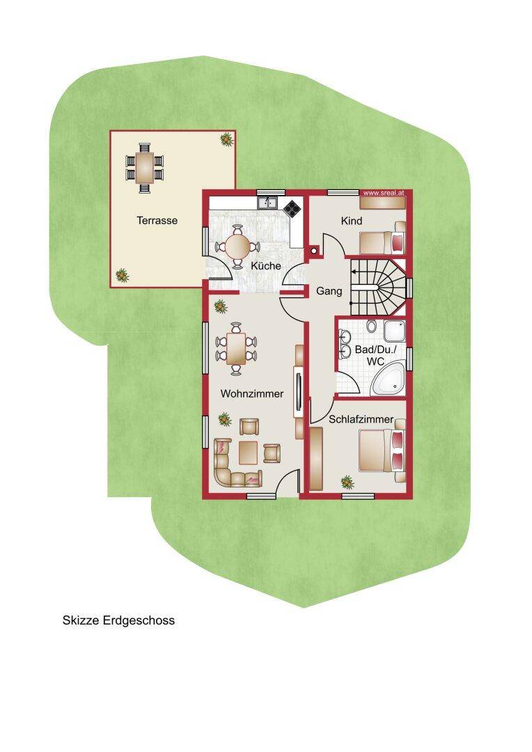 Grundriss des Erdgeschosses mit Wohnzimmer, Küche, Schlafzimmern und großer Terrasse.