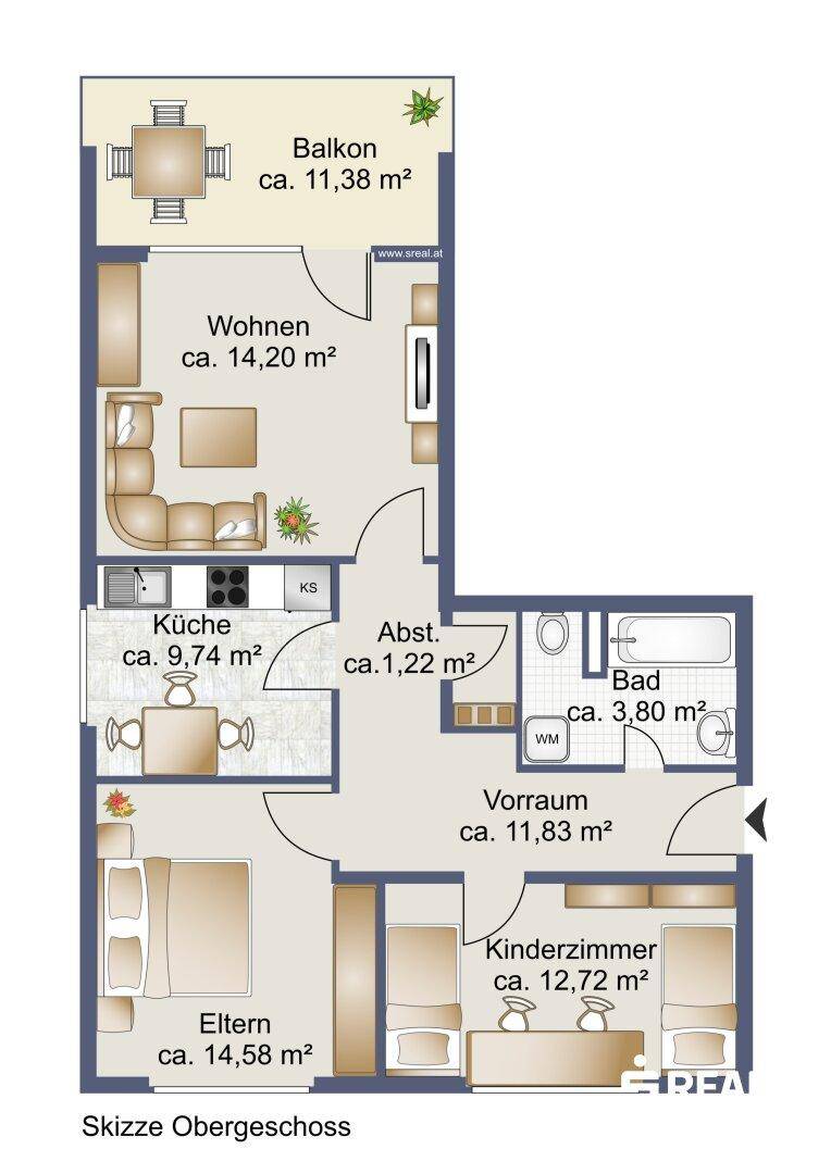 Grundriss des Obergeschosses mit Balkon, Wohnzimmer, Küche, zwei Schlafzimmern und Bad.