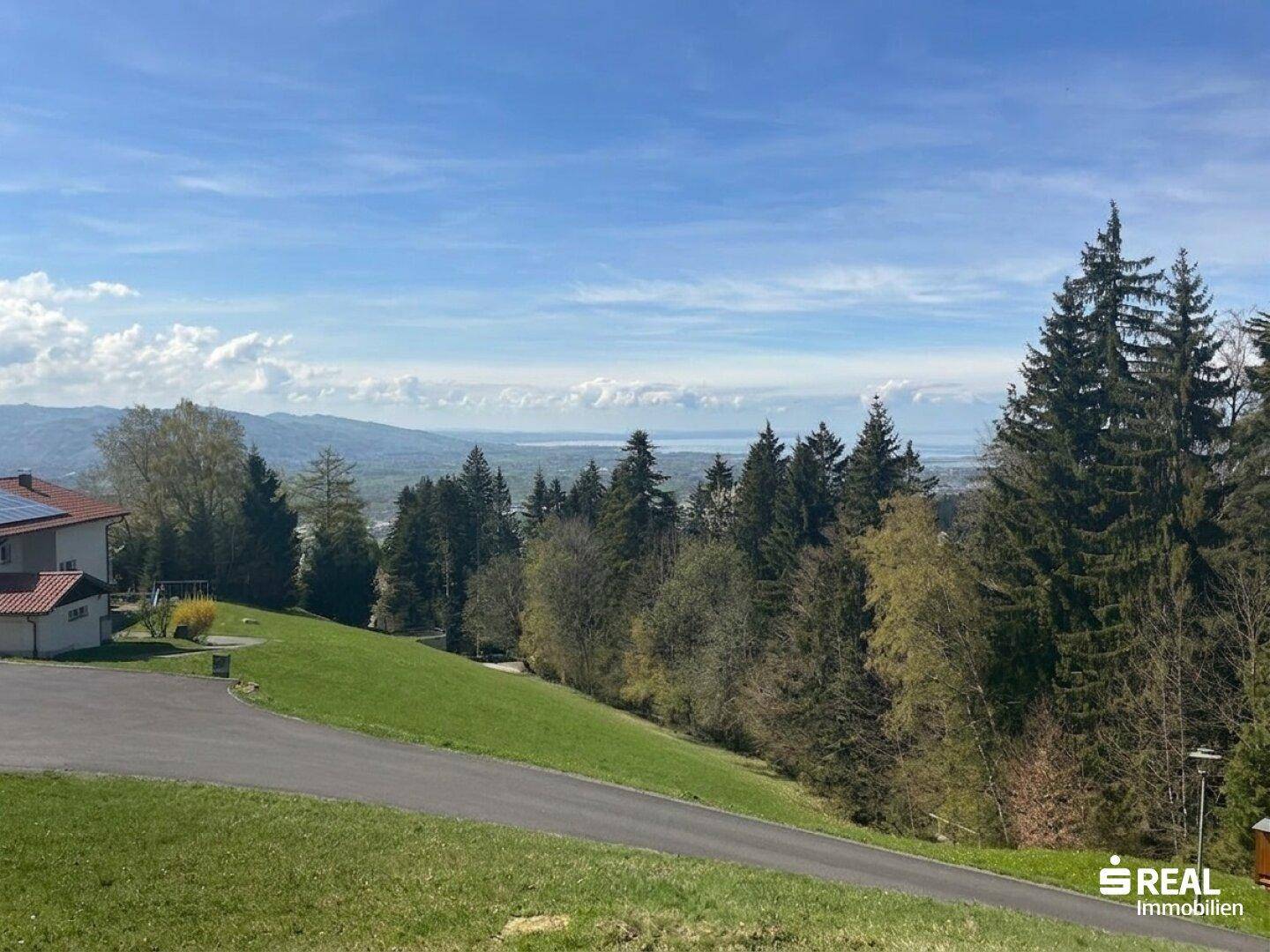 Weitläufiger Panoramablick über einen See und Berge, umgeben von grüner Landschaft und Bäumen.