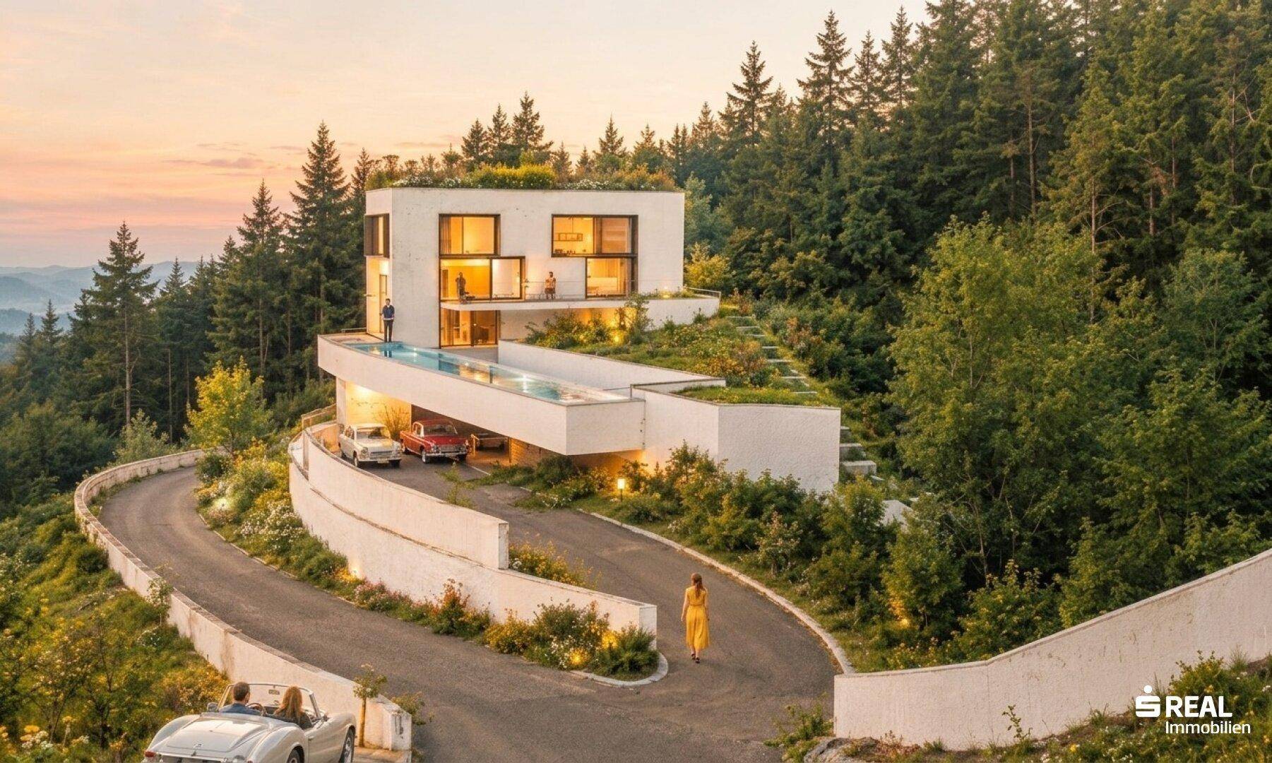 Moderne Villa in Hanglage mit Infinity-Pool, begrünter Dachterrasse und Panoramablick in die Natur.