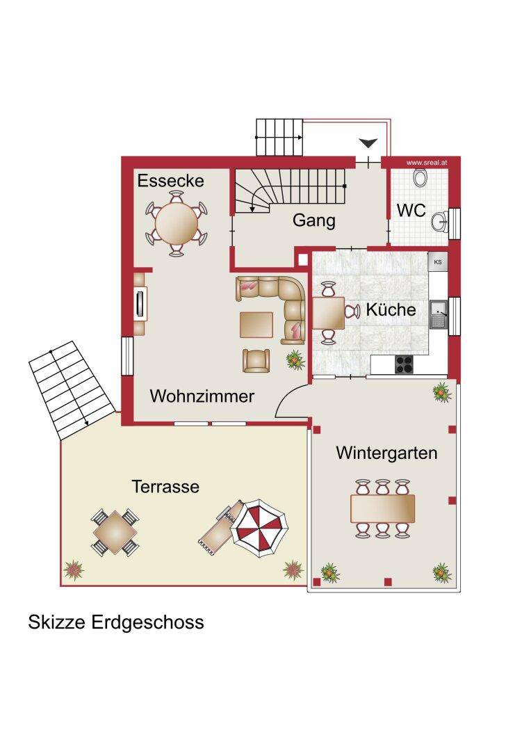 Grundriss des Erdgeschosses mit Wohnzimmer, Küche, Essbereich, Terrasse und Wintergarten.