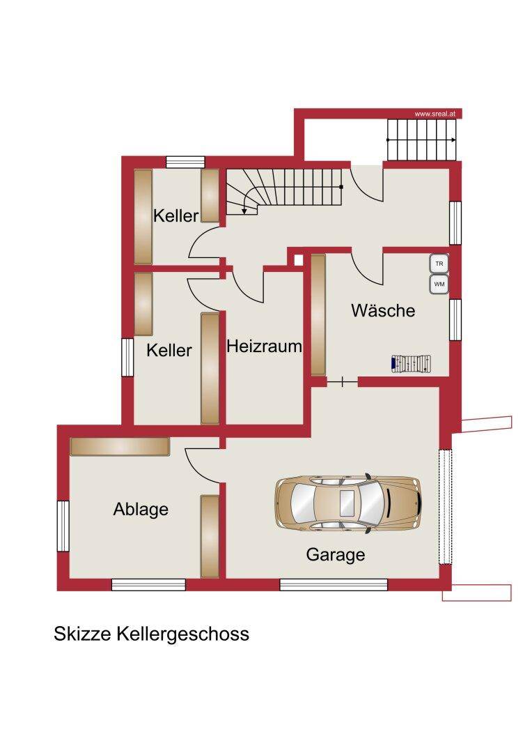 Skizze des Kellergeschosses mit Garage, Heizraum, Waschküche und Abstellräumen.