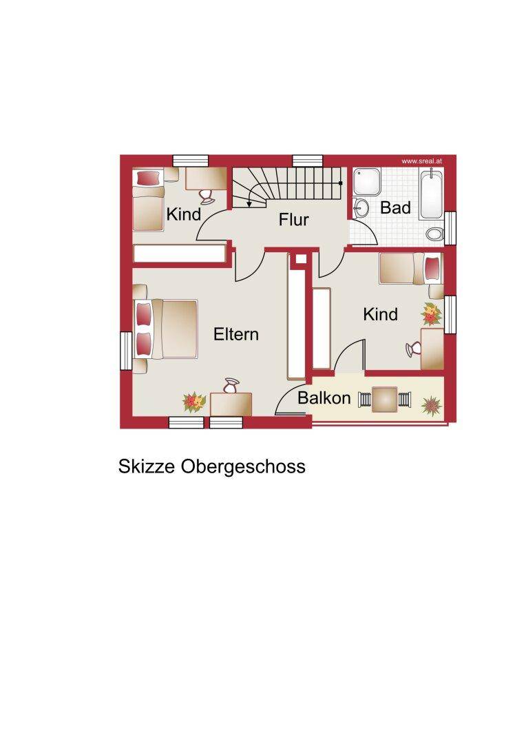 Grundriss des Obergeschosses mit Schlafzimmern, Badezimmer und Balkon.