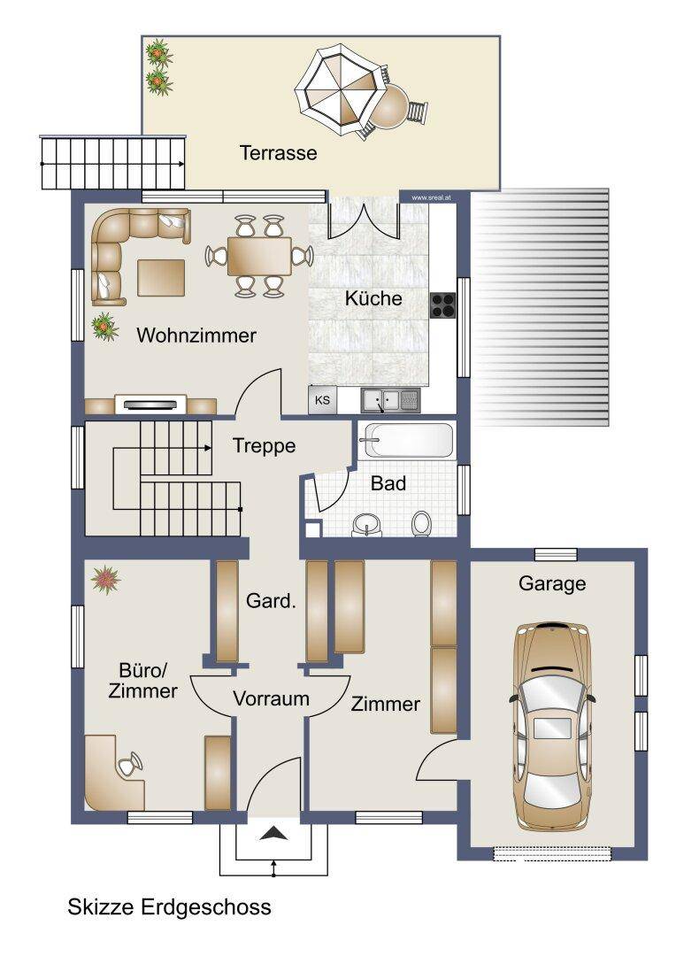Grundriss des Erdgeschosses mit Wohnzimmer, Küche, Bad, Büro und Garage sowie Terrasse.