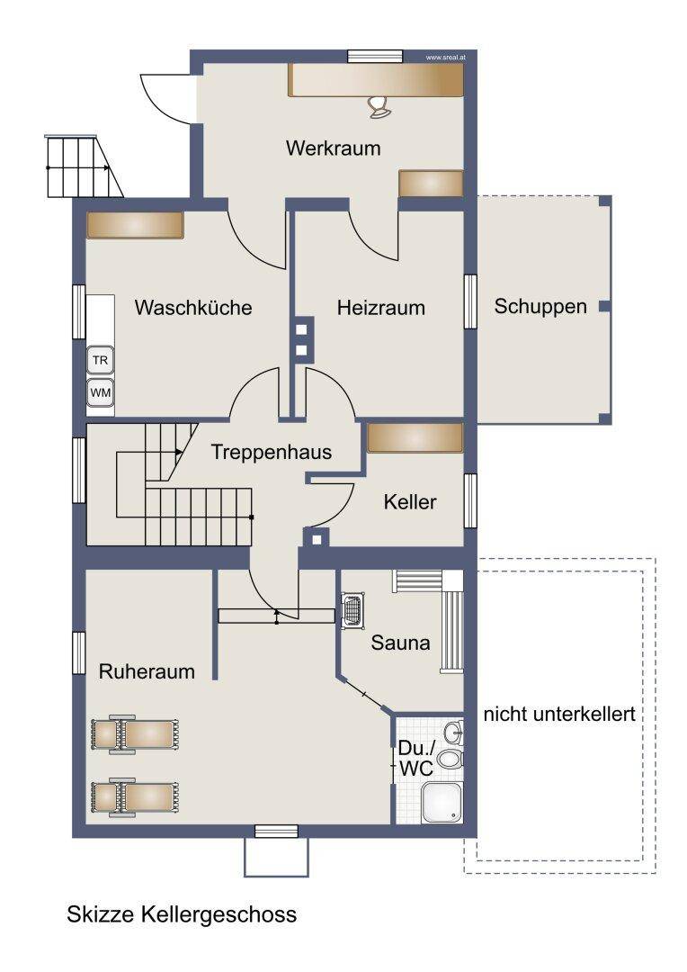 Grundriss des Kellergeschosses mit Werkraum, Waschküche, Heizraum, Ruheraum und Sauna.