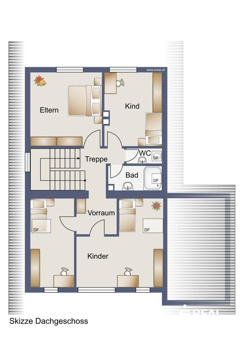 Grundriss des Dachgeschosses mit Elternschlafzimmer, Kinderzimmern, Bad und separatem WC.