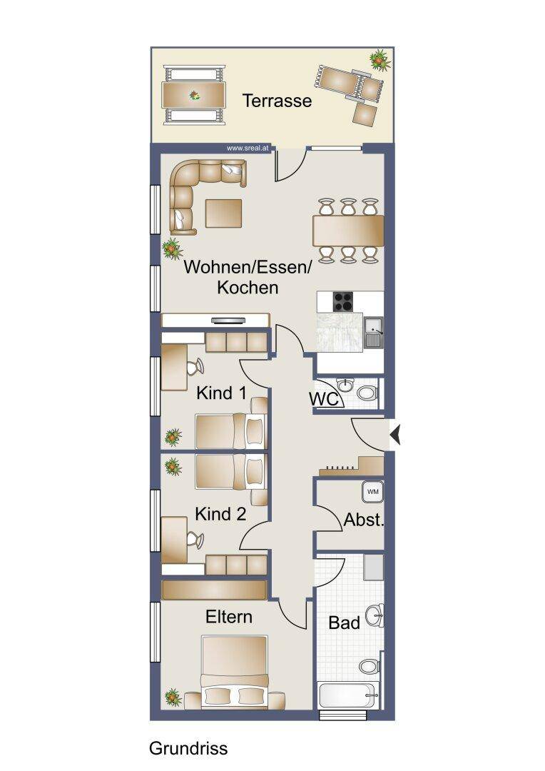 Detaillierter Grundriss einer Wohnung mit offener Wohnküche, drei Schlafzimmern und großer Terrasse.
