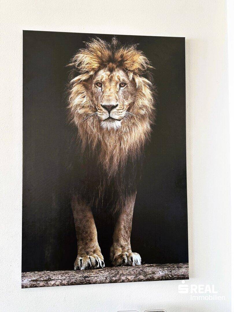 Großes, dekoratives Löwenbild an einer weißen Wand im Wohnbereich.