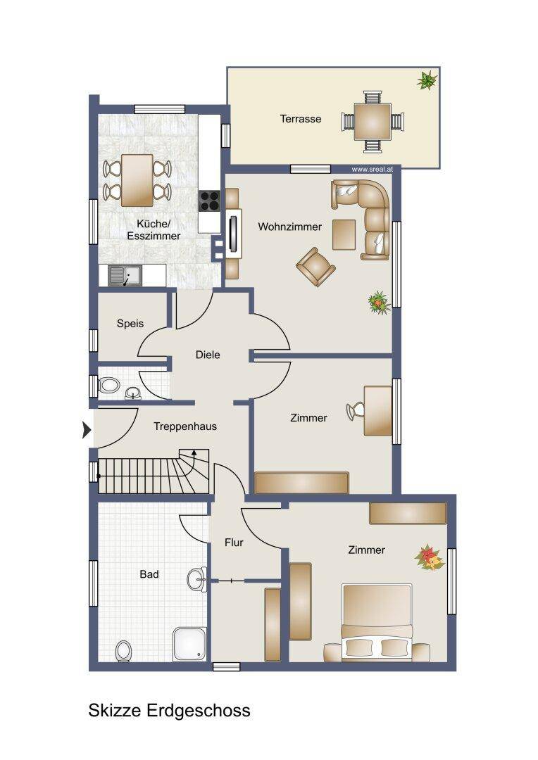 Grundriss des Erdgeschosses mit offener Küche, Wohnzimmer und Zugang zur Terrasse.