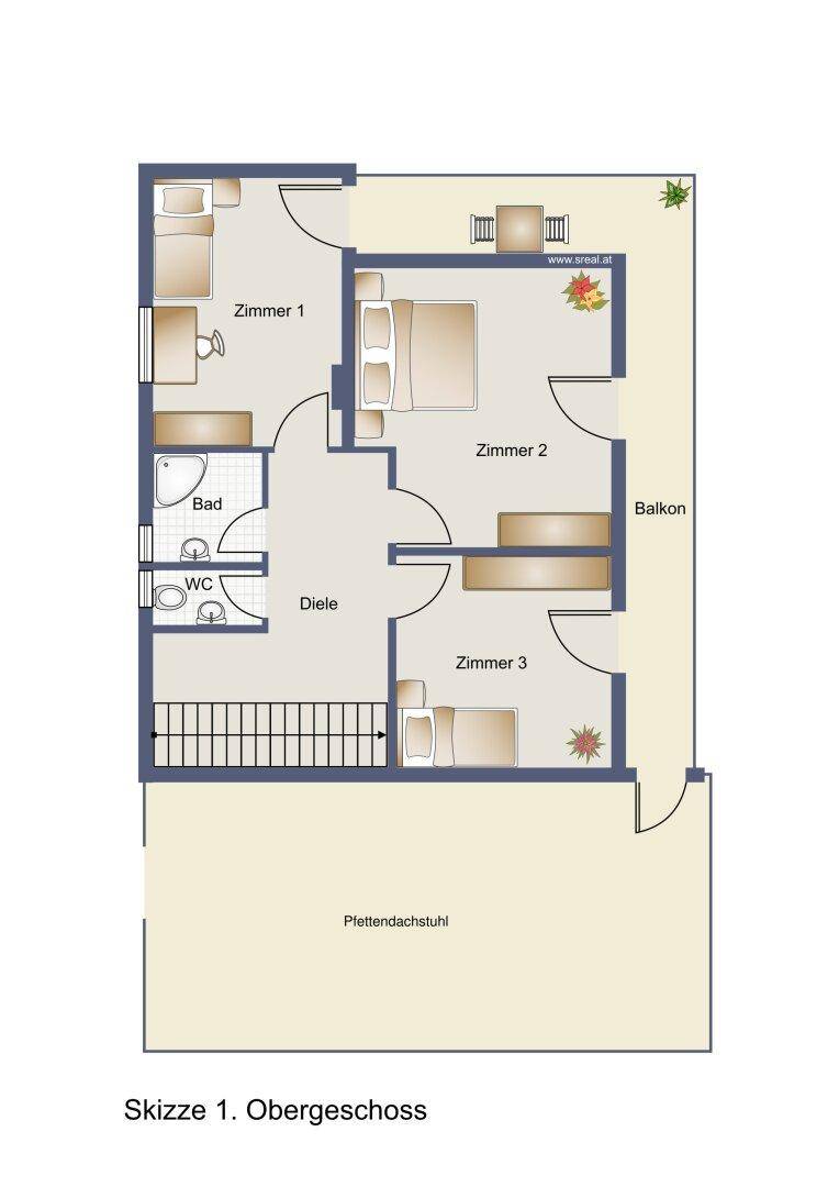 Grundriss des ersten Obergeschosses mit drei Schlafzimmern, Bad, WC und Balkon.