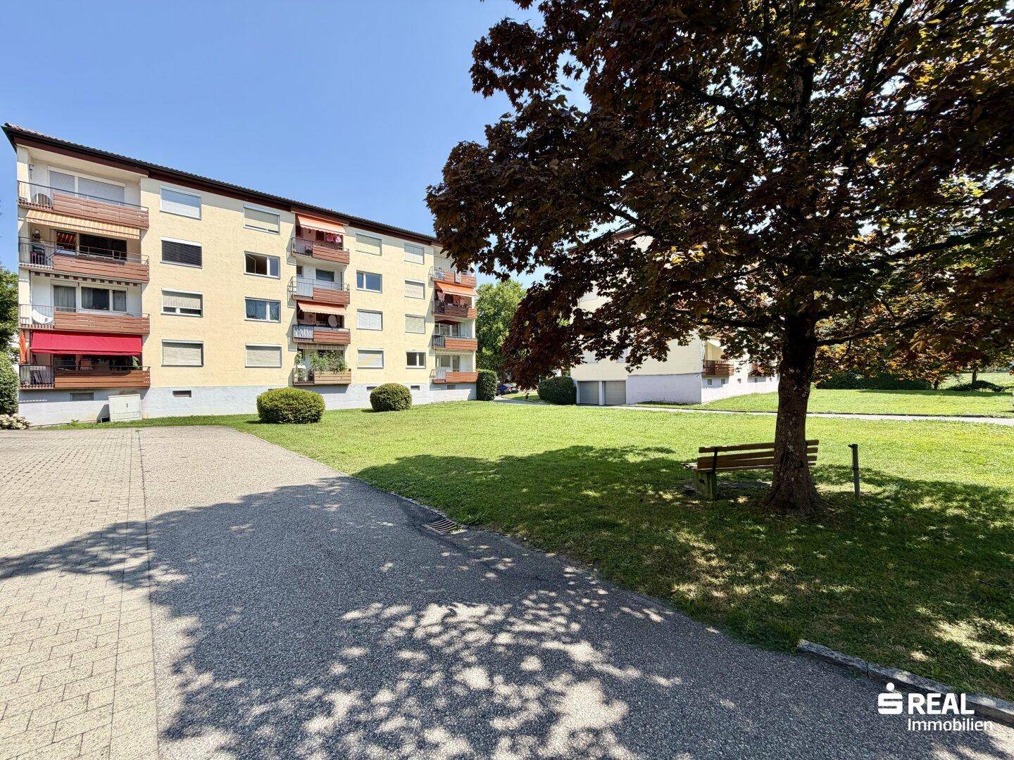 Ansicht des Mehrfamilienhauses mit Balkonen und einem Baum im Vordergrund.