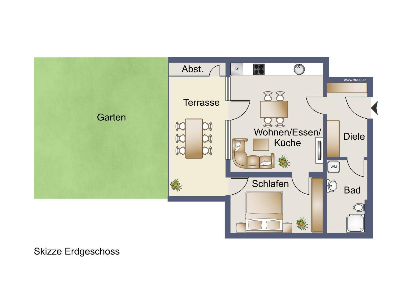 Grundriss des Erdgeschosses mit offenem Wohn-/Ess-/Kochbereich, Schlafzimmer, Bad, Terrasse und Garten.