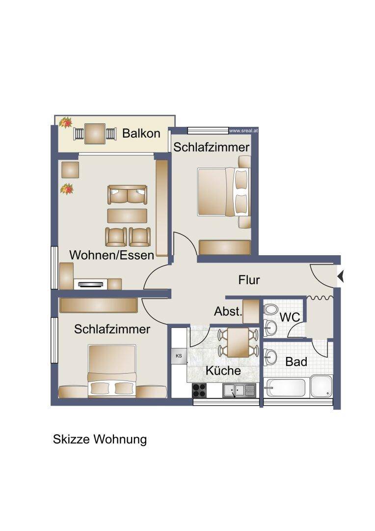 Grundriss der Wohnung mit Wohn-/Essbereich, zwei Schlafzimmern und Balkon.